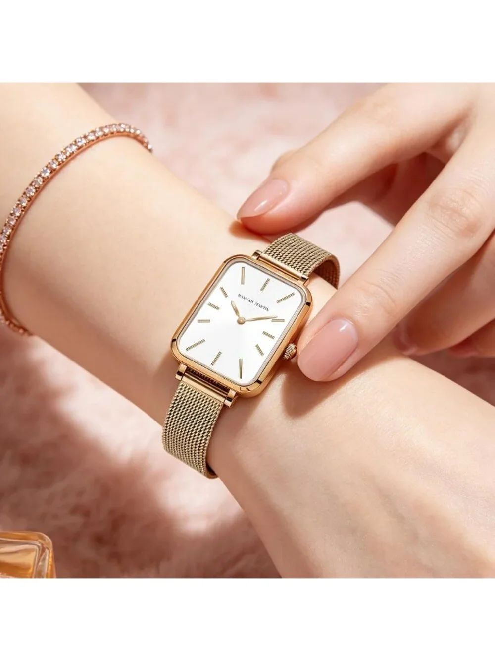 Women's White Rose Gold Analog Stainless Steel Vintage Rectangular Luxury Watch - Picture 4 of 6